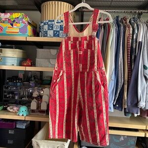 Vintage Cimarron red white floral striped overall shorts/ shortalls, small